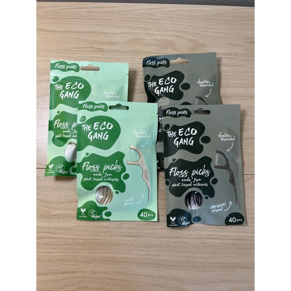 4 PACKS- The Eco Gang Floss Picks 40 PC Ea, Mint Charcoal Double Threaded Plant‎
